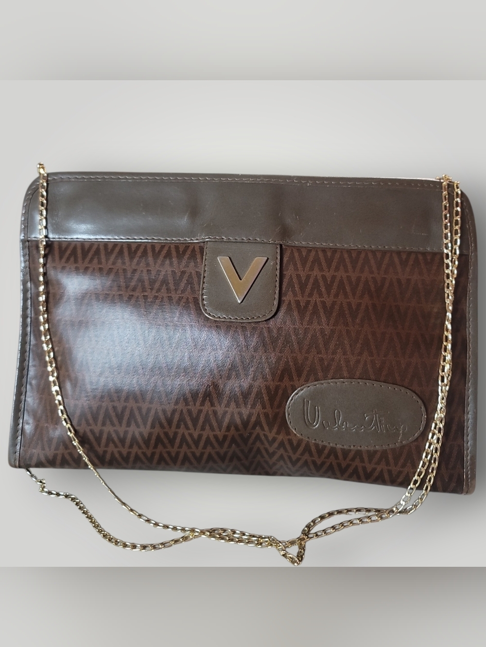 Mario Valentino Brown Monogram Clutch with Gold Chain Vintage